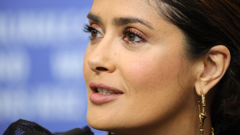 Salma Hayek speaks at the "The Roads Not Taken" press conference during the 70th Berlinale International Film Festival Berlin 