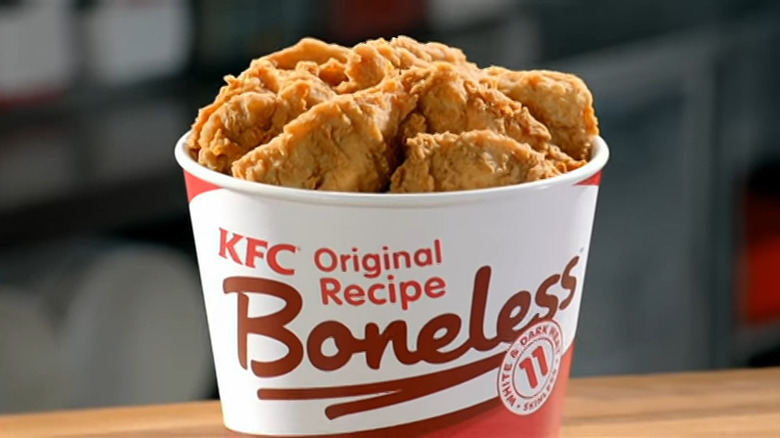 KFC Boneless chicken bucket on counter