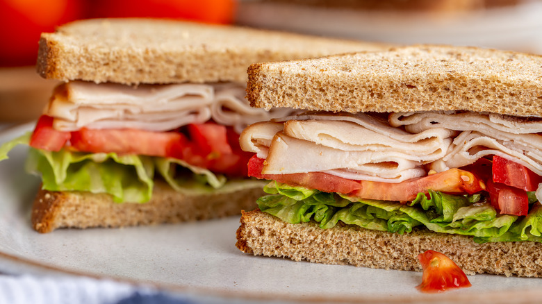 turkey sandwich halved on plate