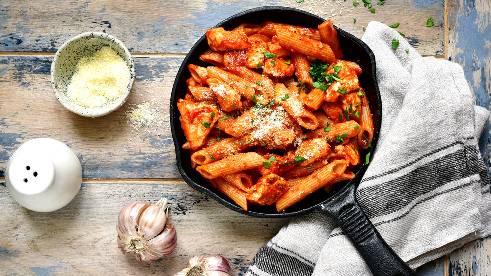 Pasta with sauce in a skillet