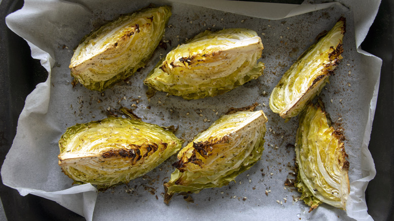 roasted cabbage in a greaseproof paper lined tray