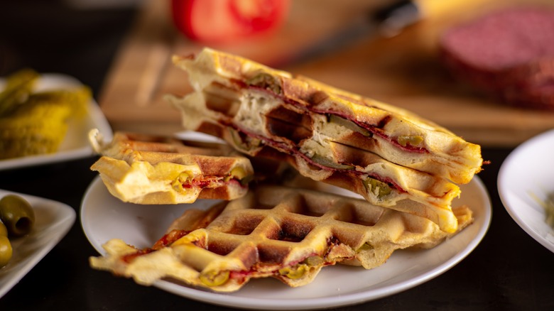 A plate of stuffed waffles