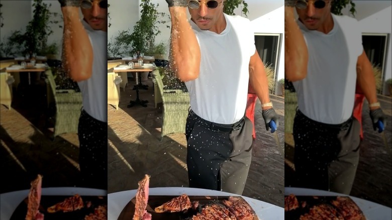 "Salt Bae" dropping salt on steak