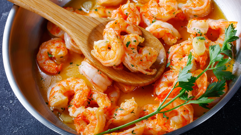 Cooked shrimp in a pan