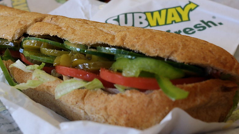 Subway sandwich filled with vegetables