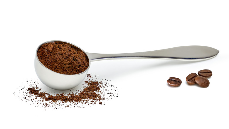 Ground coffee in measuring spoon