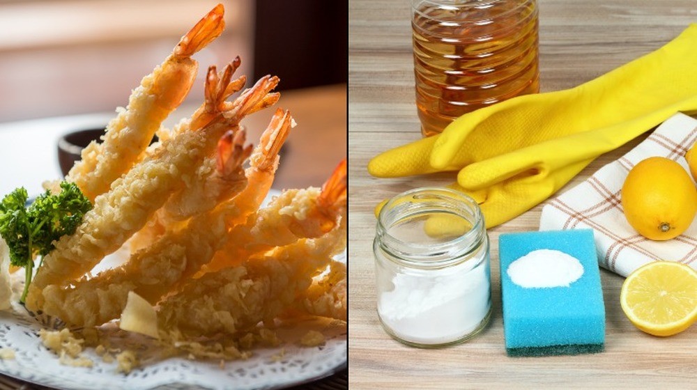 split image with shrimp tempura on the left and baking soda, lemon, sponge, gloves, and vinegar on the right 