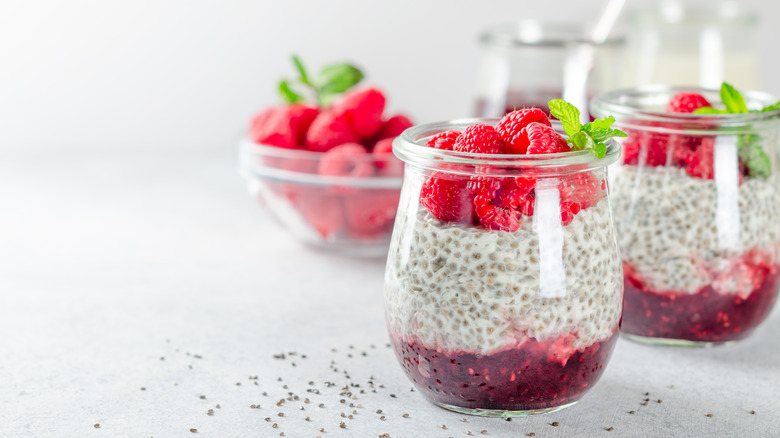 Raspberry chia pudding in glass