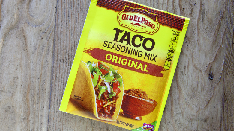 Taco seasoning packet on wood