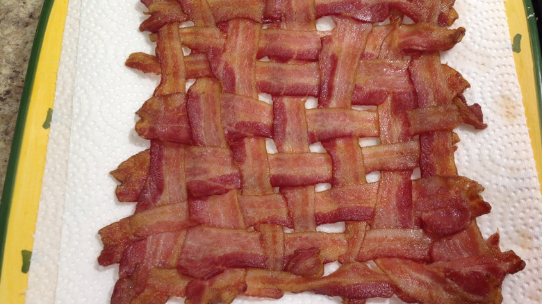 Cooked bacon weave on plate