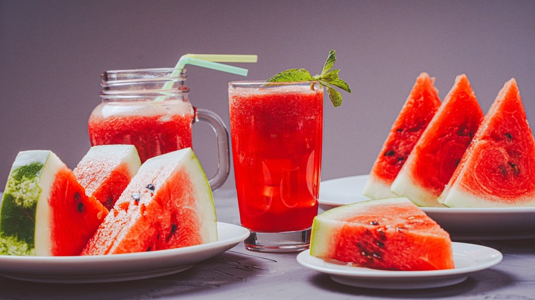 Sliced watermelon and watermelon juice