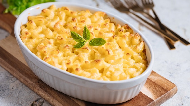 Dish filled with mac and cheese