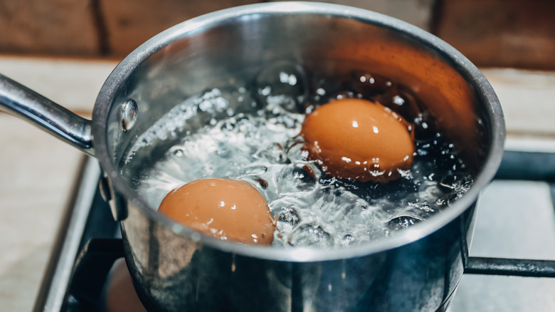 two brown eggs boiling in a pot of water on the stove