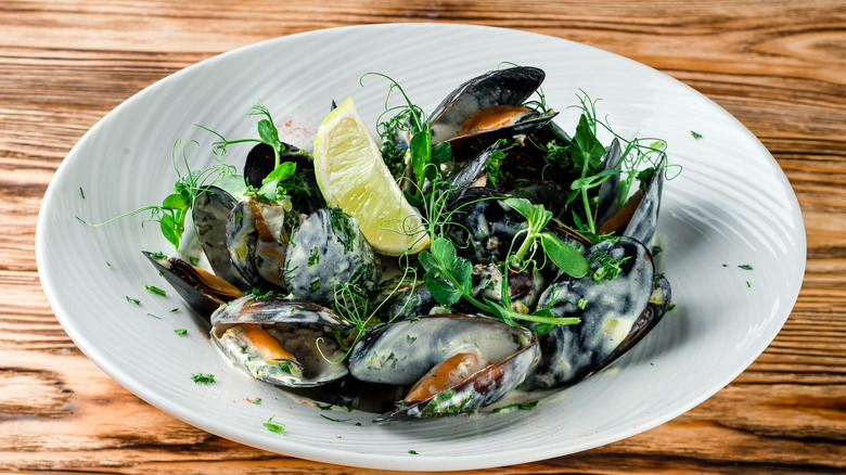 Cooked mussels in a cream sauce 