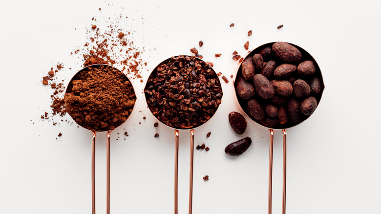 Measuring cups with cocoa powder, cocoa nibs, and cocoa beans