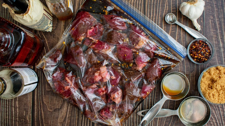 Beef tips marinating in bag