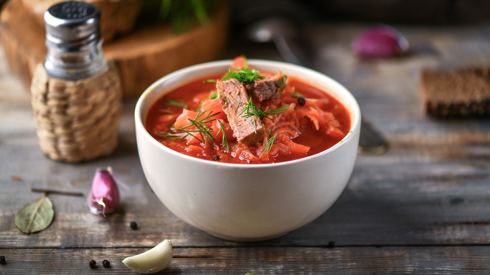 Borscht with beef, potatoes, and cabbage