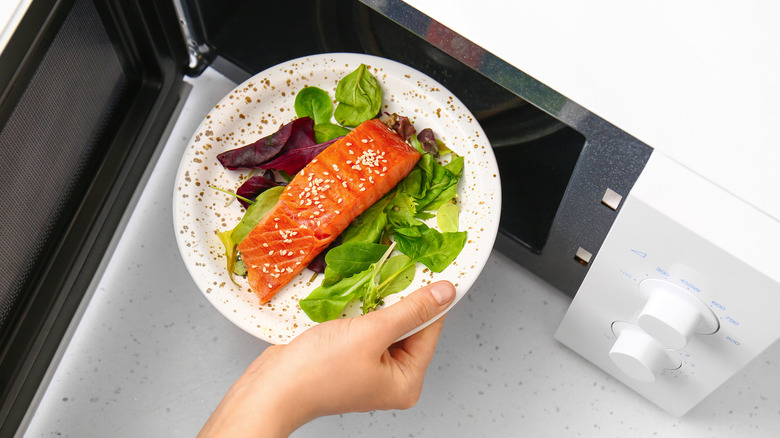 Top down view of a plate of salmon on greens next to microwave