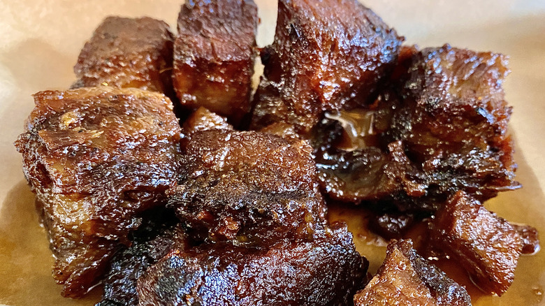 Brisket burnt ends with sticky, caramelized glaze