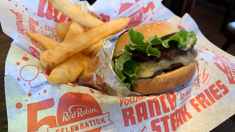 A hamburger and steak fries from Red Robin