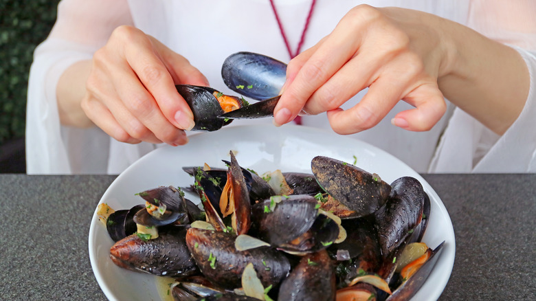 using mussel shell to eat mussels