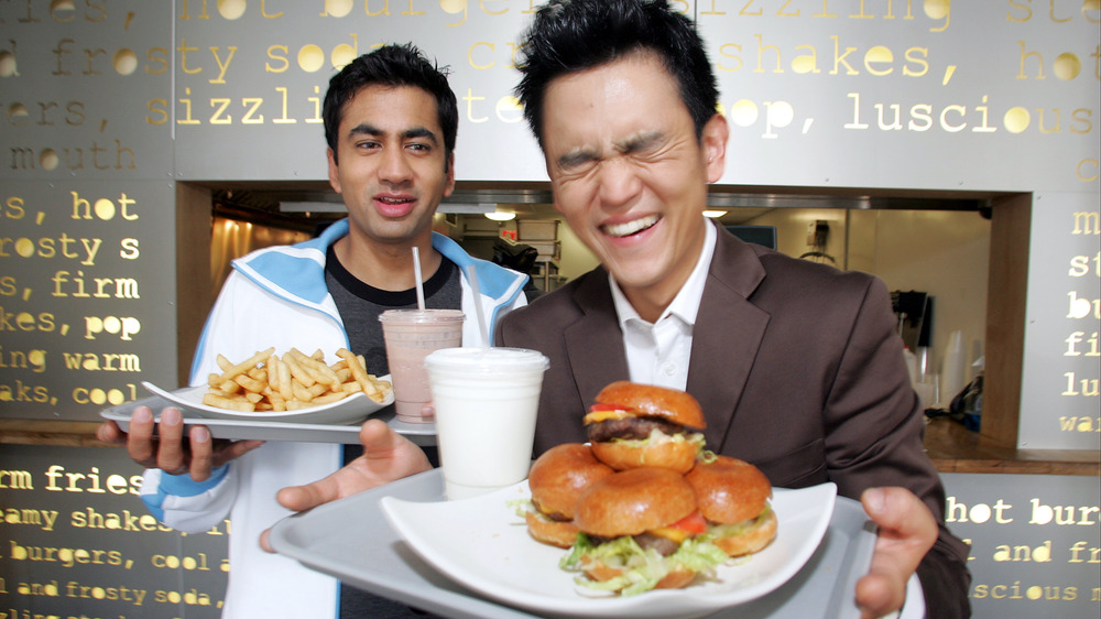 Actors Kal Penn and John Cho at a White Castle in 2004