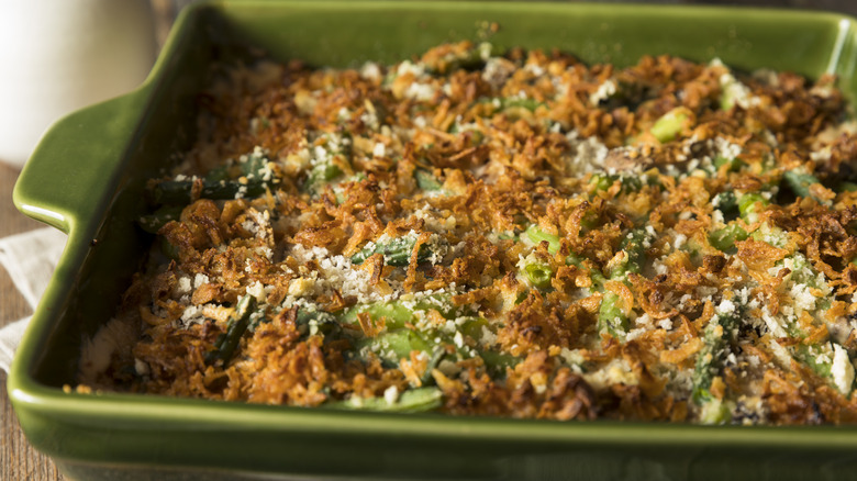 Homemade green bean casserole in dish