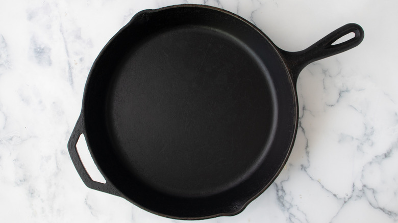 cast iron skillet on counter