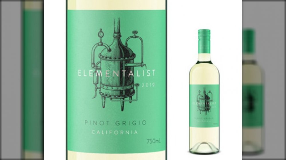 Bottle of Elementalist Pinot Grigio with closeup of the label