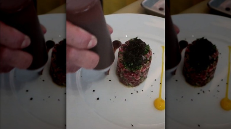 sauce on plate of steak tartare