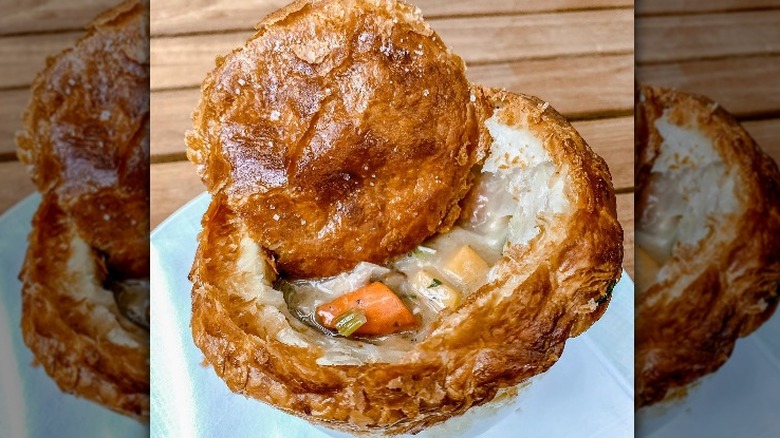 Wolfgang Puck's chicken pot pie sliced open