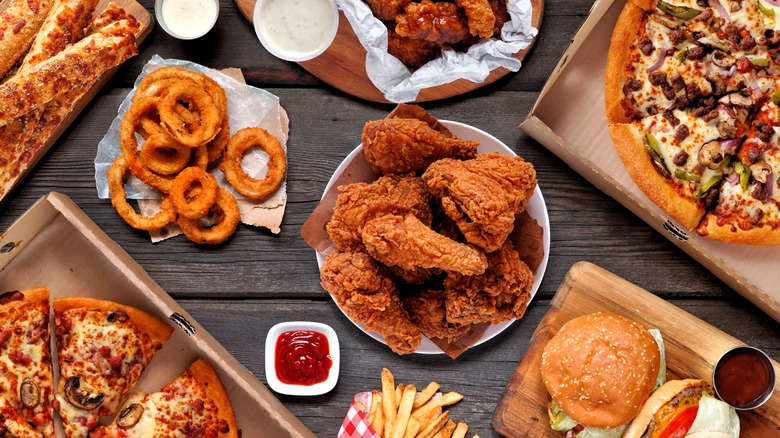 pizza and fried foods spread