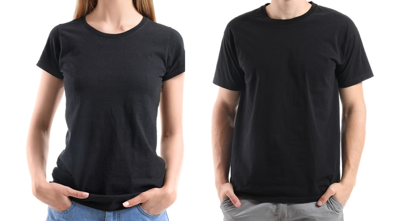 Two people wearing black T-shirts.