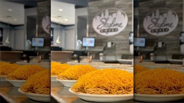 bowls of cheesy chili at skyline counter