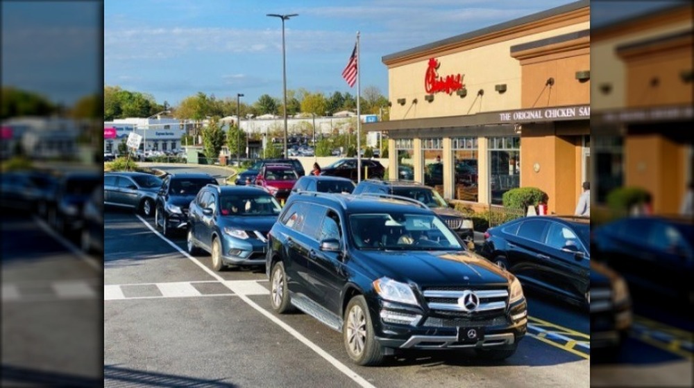 Long line of cars at Chick-fil-A drive-thru