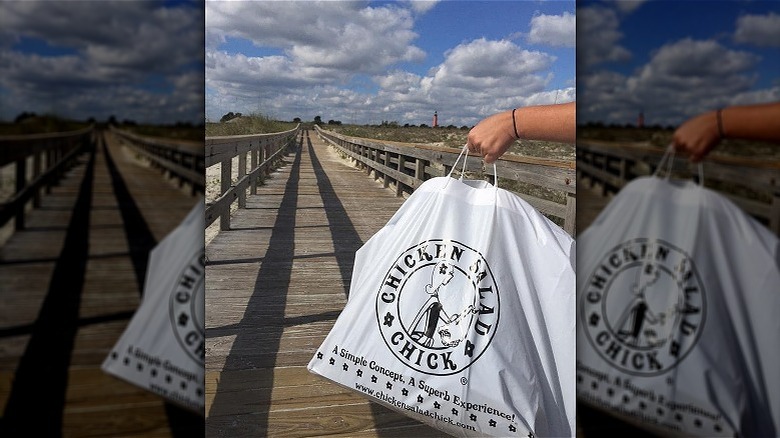 View of sky and bridge with chicken salad chick bag