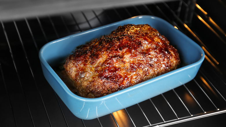 moist meatloaf in a baking dish on an oven rack