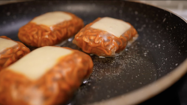 Ramen wrapped in rice paper in pan