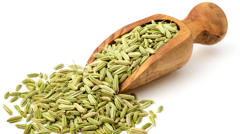 Fennel seeds in wooden scoop