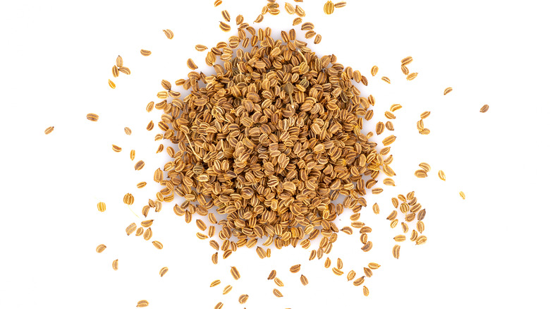 Grouping of dill seeds on white background