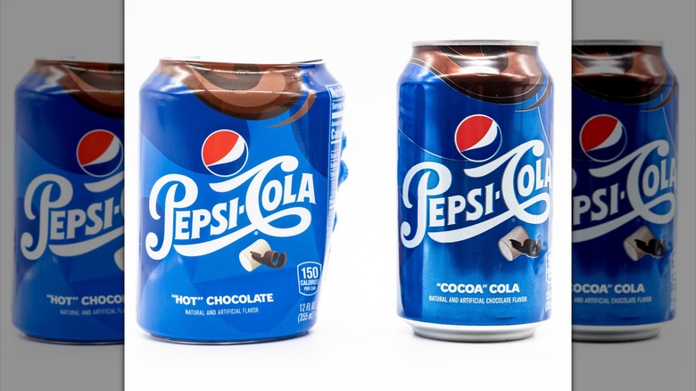 Cans of Hot Chocolate and Cocoa Cola Pepsi