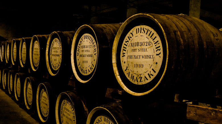 Cellar with whiskey barrels in distillery 