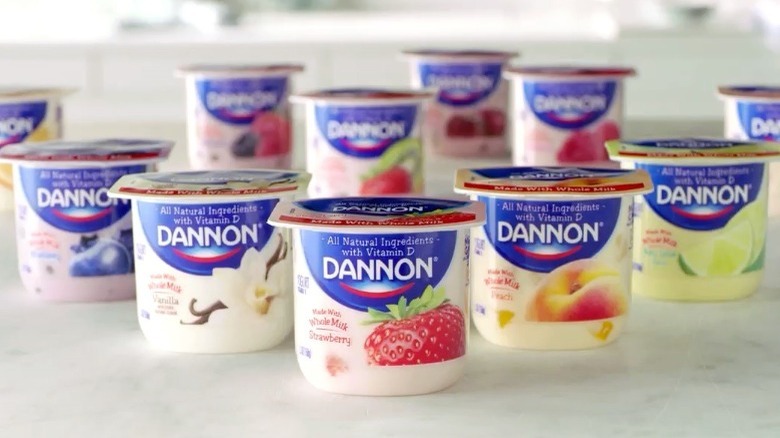 Variety of Dannon Yogurt containers on counter