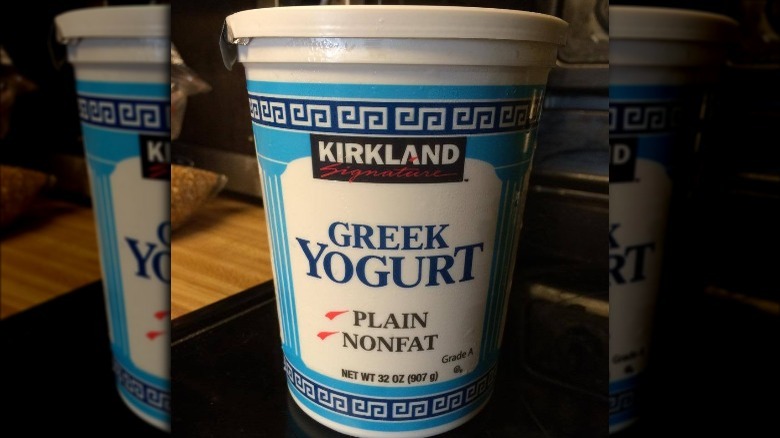 Container of Kirkland Signature Plain Greek Yogurt