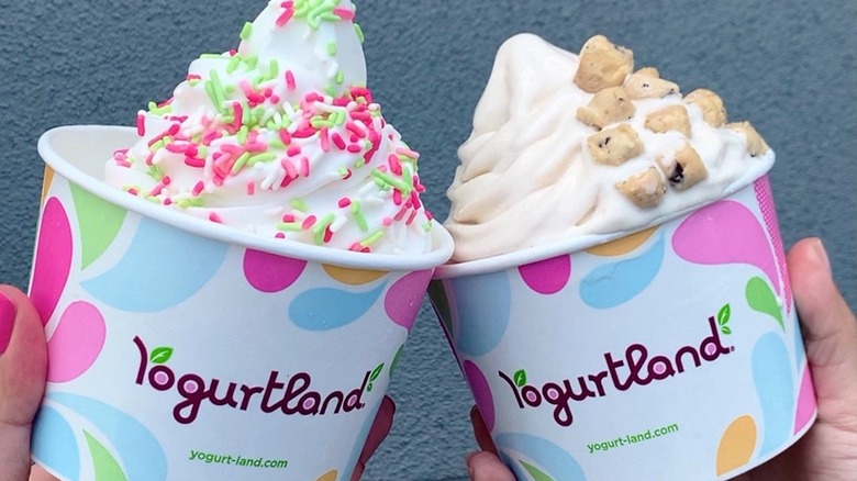 cups of Yogurtland frozen yogurt with toppings