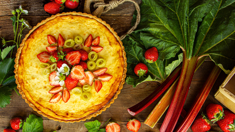 Rhubarb cheesecake with stalks of rhubarb