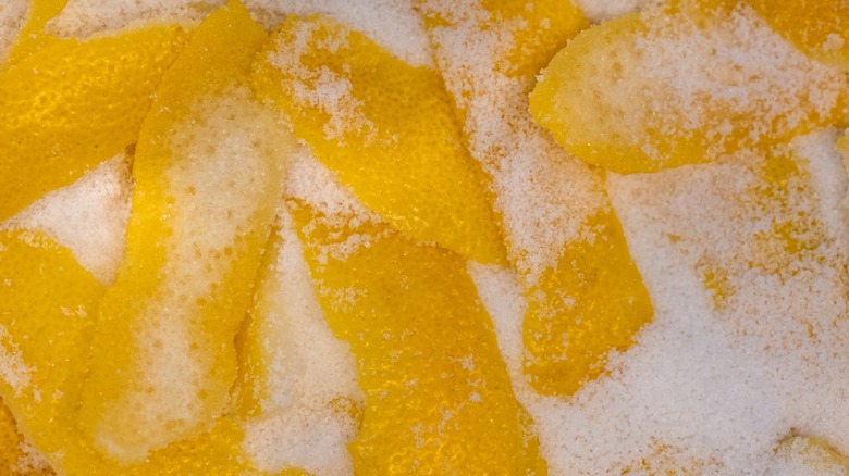 orange peels in sugar for oleo-saccharum