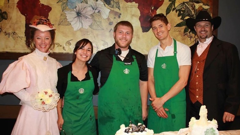 Wedding couple with Starbucks team 