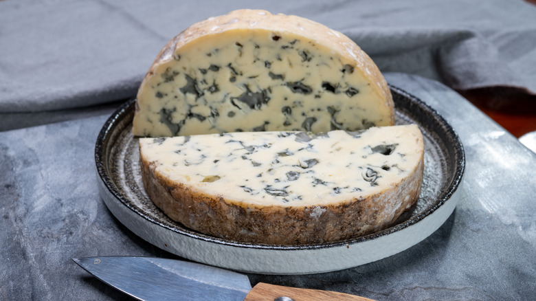 Fourme d'Ambert, blue cheese, sliced down the center