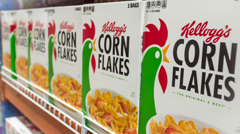 Kellogg's Corn Flakes cereal boxes on shelf